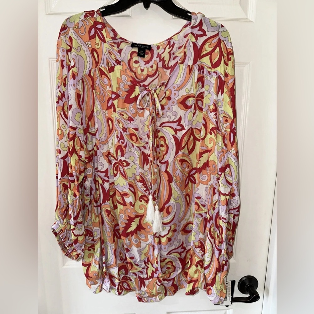 I.N. Studio Women's 3X Tunic Blouse Peasant Boho Floral Orange Multi NEW